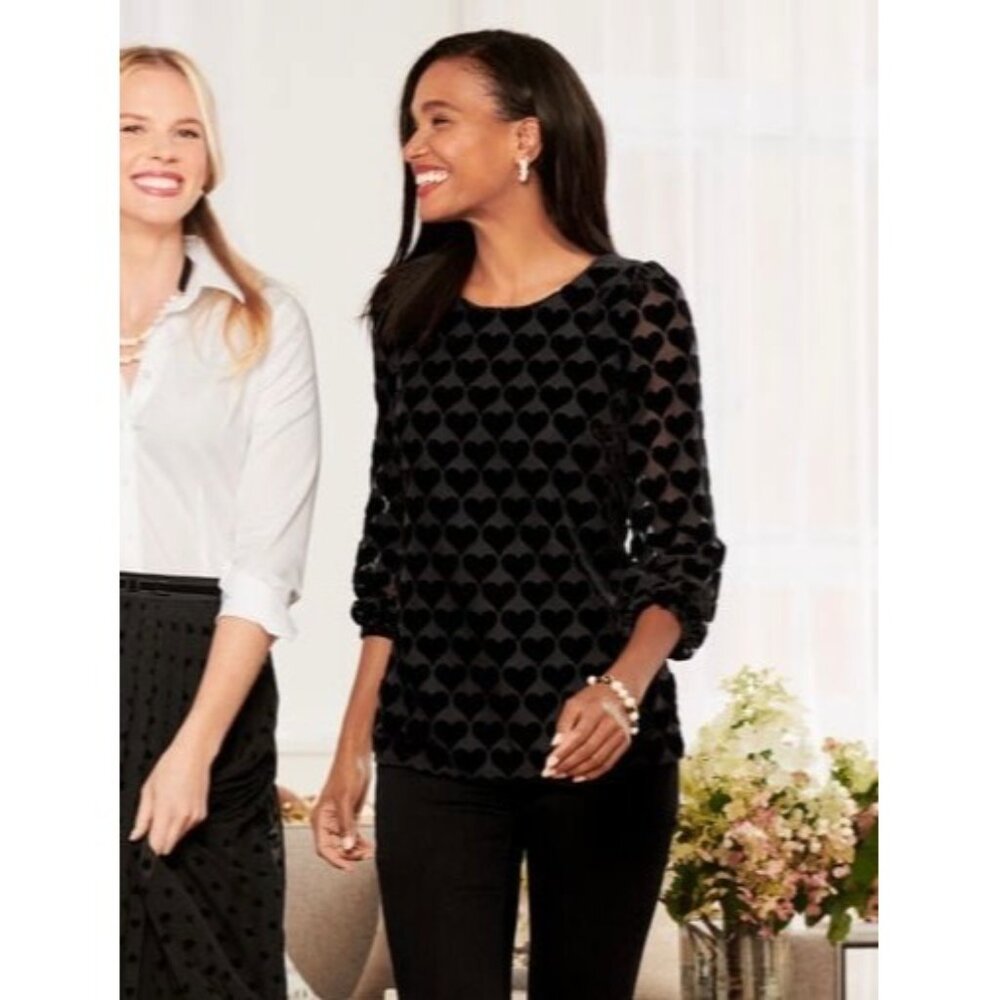 Talbots Heart Print Velvet Blouson Top in Black Size Mp - Picture 13 of 13